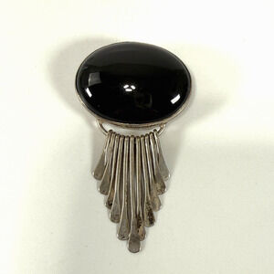 Vintage Taxco Mexico Sterling Silver Black Onyx Brooch Pin Dangles Signed AIS 3"